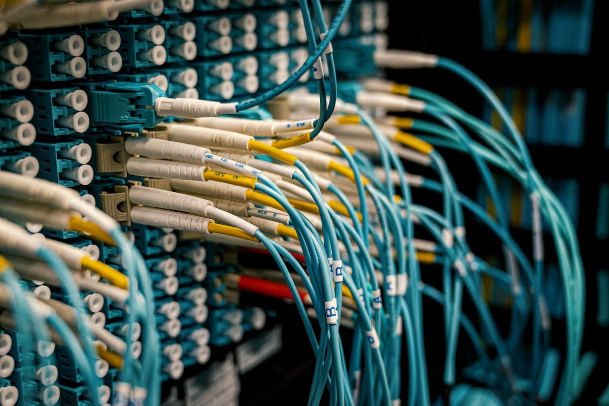 Dispositivo de distribución de fibra óptica monomodo con conectores LC azules y cables organizados en panel de telecomunicaciones, representando la terminación profesional de fibra G.652 en instalaciones de backbone empresarial